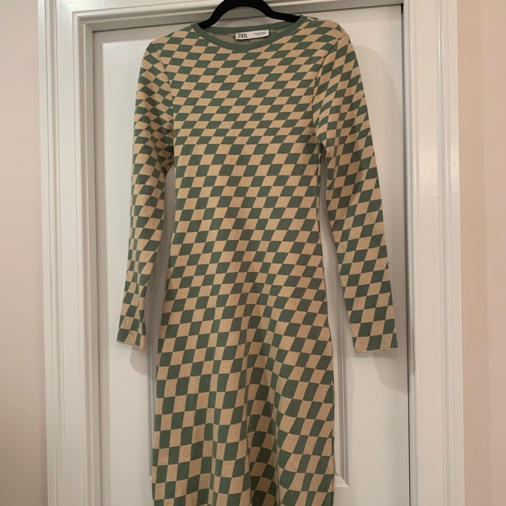 ZARAWOMEN: Checkered Cream/green Long sleeve dress